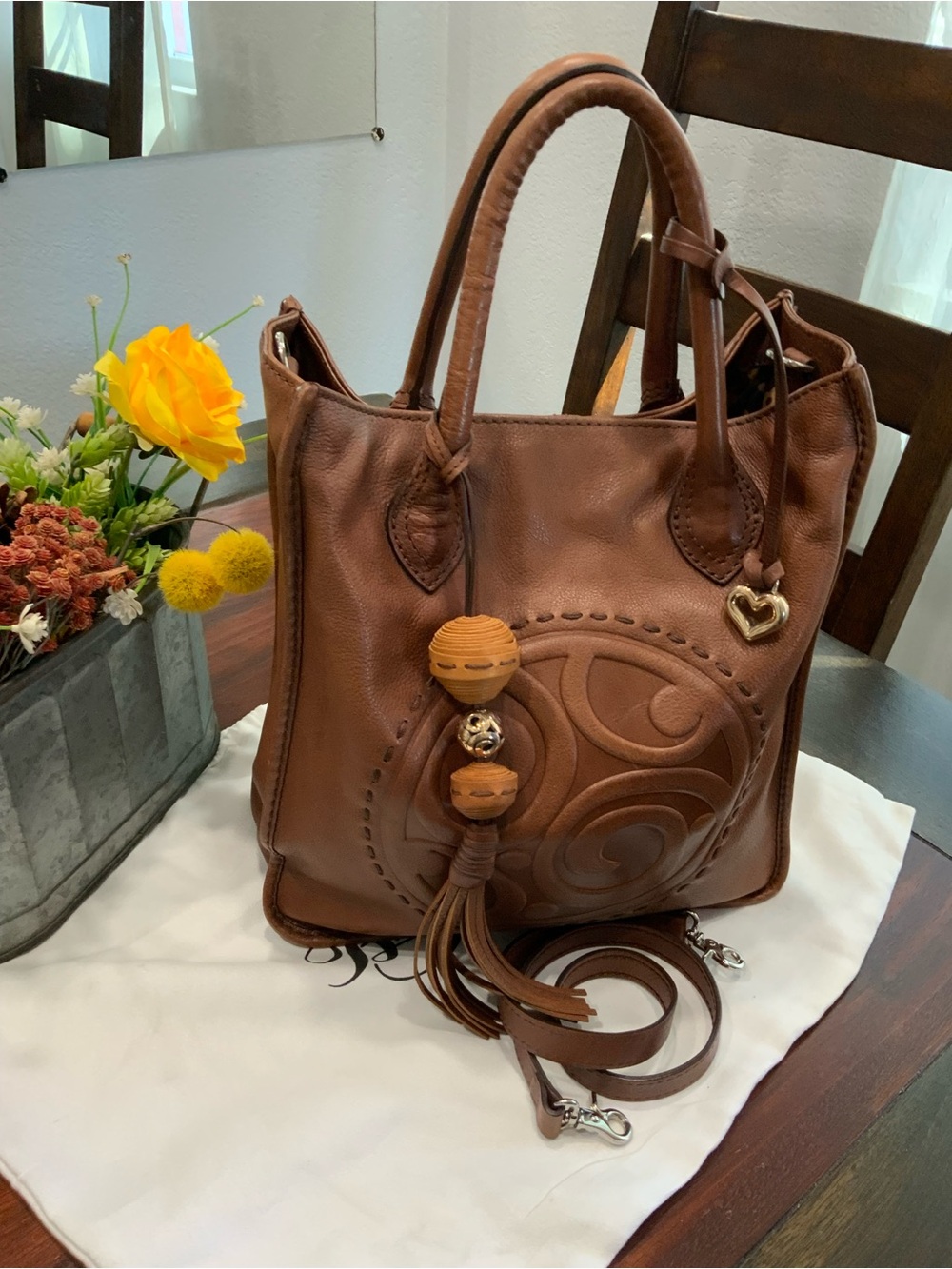 Brighton Chestnut Brown Leather Shoulder Tote with Heart Charm